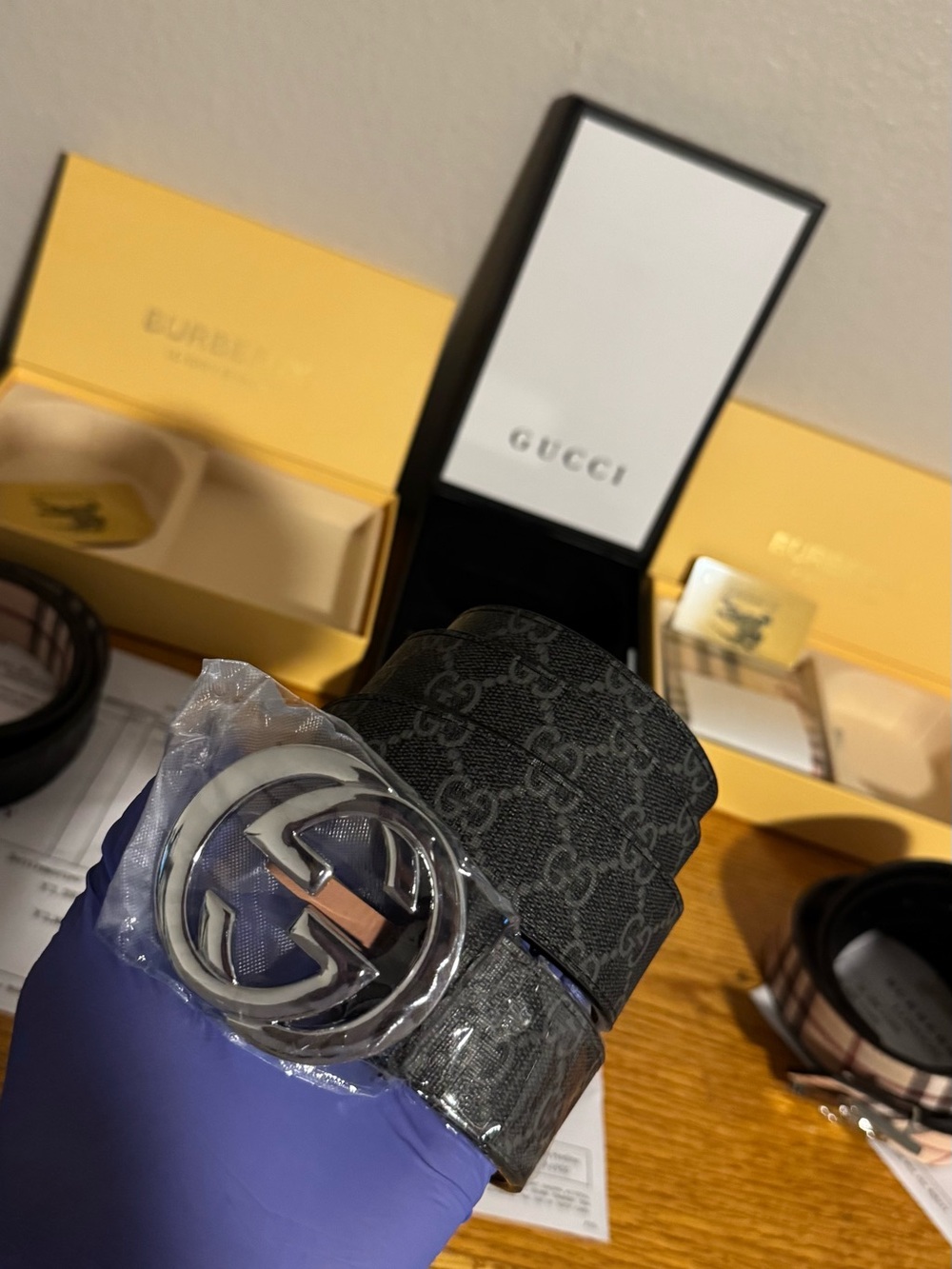 Gucci Men's Black Monogram Canvas Belt with Silver buckle and matching wallet